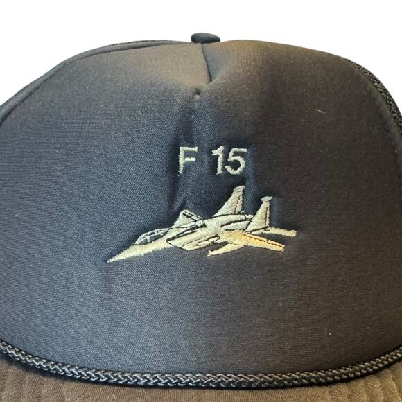 VTG F-15 Fighter Jet Trucker Hat Navy Blue Snapback Mesh Cap Military Aviation - Picture 2 of 8